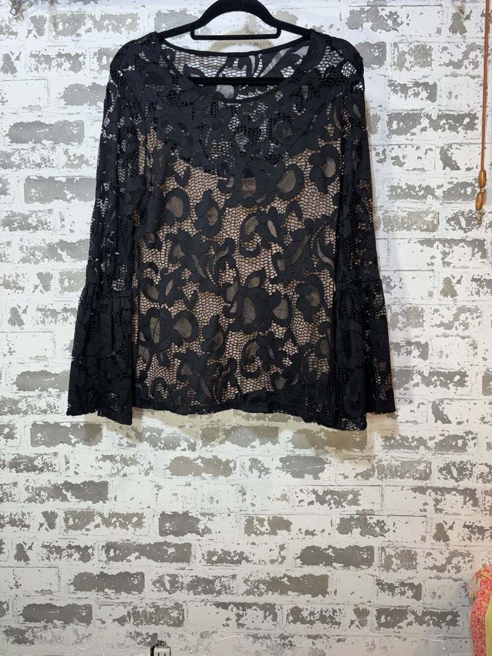 INC International Concepts Lace Blouse Size M Black Bell Sleeve